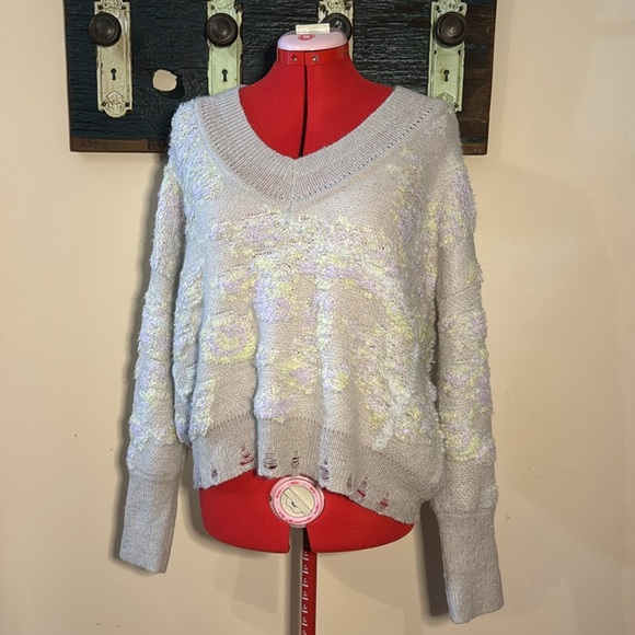 By Anthropologie Purple Beige Textured Oversized V-Neck Sweater Size XS - Picture 5 of 16